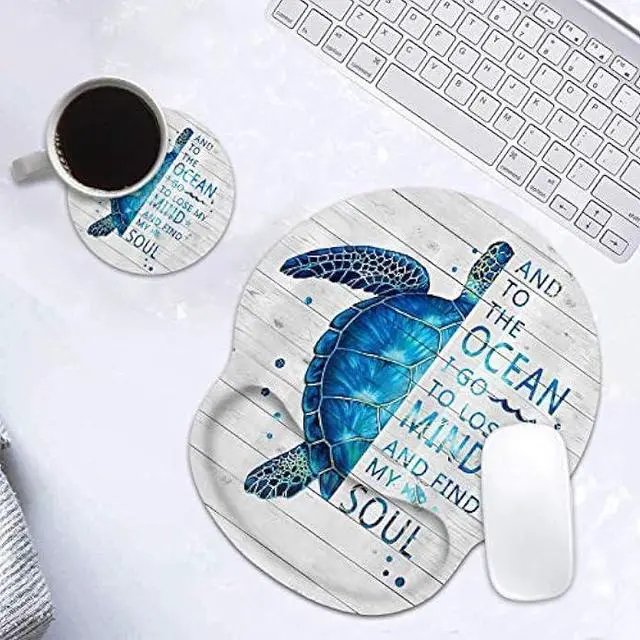 Alt view image 4 of 7 - Ergonomic Mouse Pad Wrist Support and Coffee Coaster, Funny Words with Blue Sea Turtle on Rustic Wooden Board Design Wrist Rest Mousepad, Pain Relief Wrist Mouse Pads for Computer Laptop Home Office