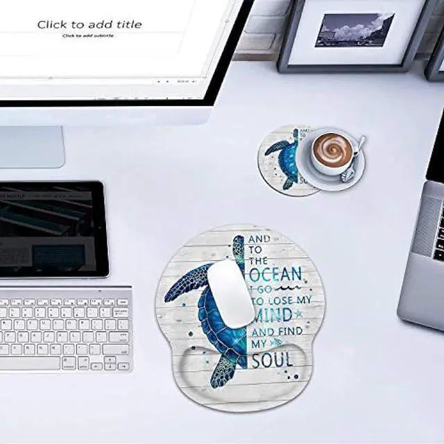 Alt view image 7 of 7 - Ergonomic Mouse Pad Wrist Support and Coffee Coaster, Funny Words with Blue Sea Turtle on Rustic Wooden Board Design Wrist Rest Mousepad, Pain Relief Wrist Mouse Pads for Computer Laptop Home Office