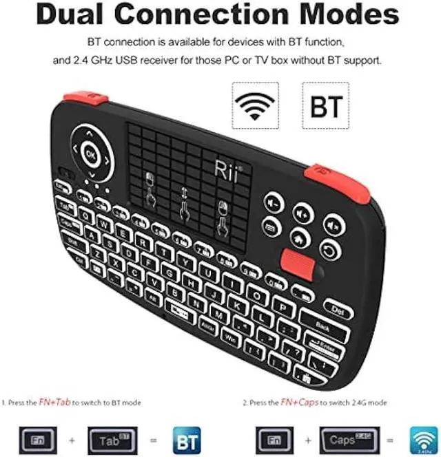 Alt view image 3 of 6 - Rii (Upgrade) i4 Mini Bluetooth Keyboard with Touchpad, Blacklit Portable Wireless Keyboard with 2.4G USB Dongle for Smartphones, PC, Tablet, Laptop TV Box iOS Android Windows Mac.Black