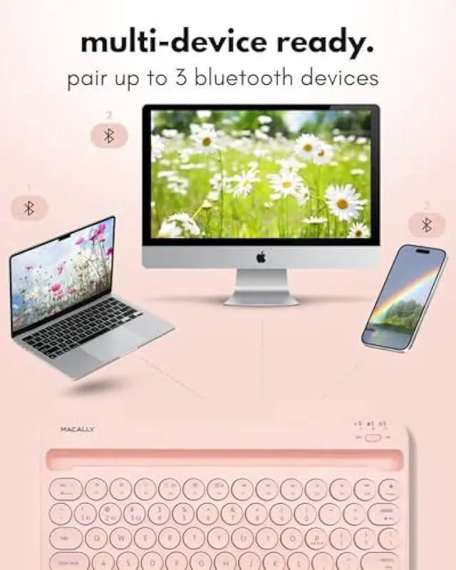 Alt view image 3 of 5 - Macally Small Bluetooth Keyboard for Tablet and Phone - Multi Device Wireless Keyboard for iPhone iPad Android - Rechargeable Bluetooth Tablet Keyboard with Stand - Pink