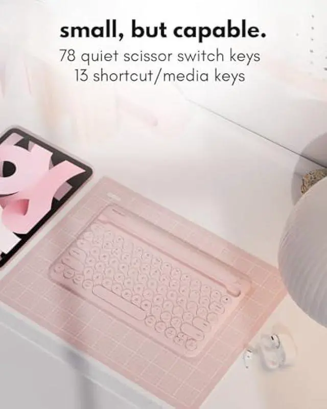 Alt view image 5 of 5 - Macally Small Bluetooth Keyboard for Tablet and Phone - Multi Device Wireless Keyboard for iPhone iPad Android - Rechargeable Bluetooth Tablet Keyboard with Stand - Pink