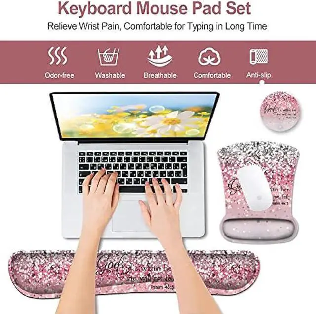 Alt view image 2 of 6 - Mouse Pad with Wrist Support, Ergonomic Gel Mouse Pad, Memory Foam Keyboard Wrist Rest Suitable for Office Typing Games, Psalm 46:5 Bible Verse and Pink Glitter Desk Pad