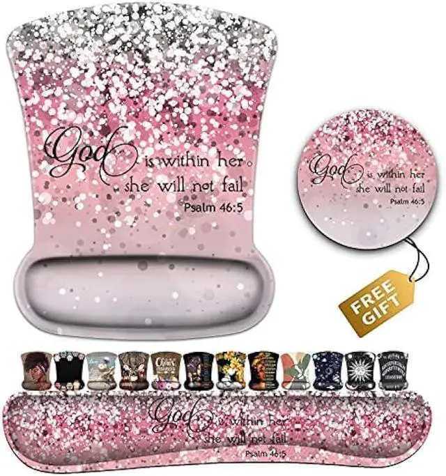 Main image of Mouse Pad with Wrist Support, Ergonomic Gel Mouse Pad, Memory Foam Keyboard Wrist Rest Suitable for Office Typing Games, Psalm 46:5 Bible Verse and Pink Glitter Desk Pad