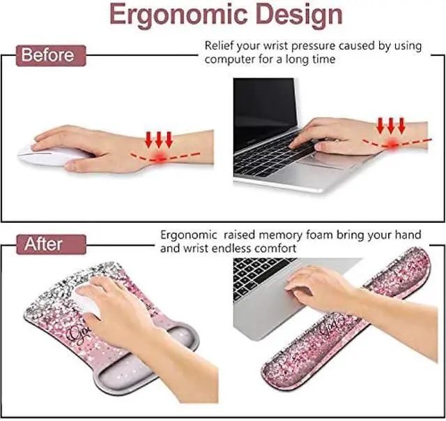 Alt view image 3 of 6 - Mouse Pad with Wrist Support, Ergonomic Gel Mouse Pad, Memory Foam Keyboard Wrist Rest Suitable for Office Typing Games, Psalm 46:5 Bible Verse and Pink Glitter Desk Pad