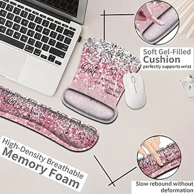 Alt view image 5 of 6 - Mouse Pad with Wrist Support, Ergonomic Gel Mouse Pad, Memory Foam Keyboard Wrist Rest Suitable for Office Typing Games, Psalm 46:5 Bible Verse and Pink Glitter Desk Pad