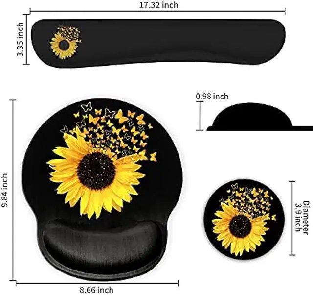 Alt view image 2 of 7 - Ergonomic Mouse Pad Wrist Support Gel and Keyboard Wrist Rest Set for Laptop, Mac, Gaming and Office, Durable, Comfortable and Pain Relief + Coaster, Sunflowers and Butterflies in Bloom