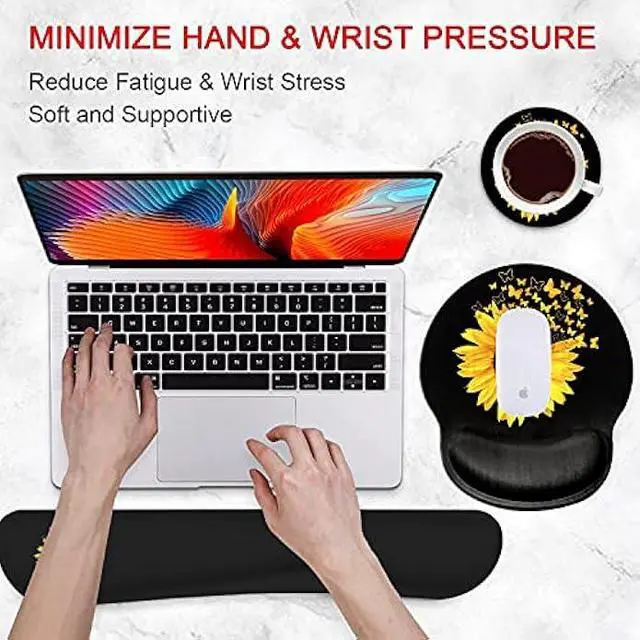 Alt view image 3 of 7 - Ergonomic Mouse Pad Wrist Support Gel and Keyboard Wrist Rest Set for Laptop, Mac, Gaming and Office, Durable, Comfortable and Pain Relief + Coaster, Sunflowers and Butterflies in Bloom