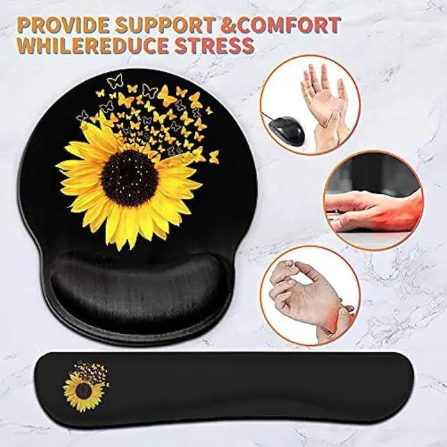 Alt view image 7 of 7 - Ergonomic Mouse Pad Wrist Support Gel and Keyboard Wrist Rest Set for Laptop, Mac, Gaming and Office, Durable, Comfortable and Pain Relief + Coaster, Sunflowers and Butterflies in Bloom
