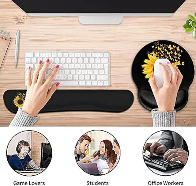 Alt view image 6 of 7 - Ergonomic Mouse Pad Wrist Support Gel and Keyboard Wrist Rest Set for Laptop, Mac, Gaming and Office, Durable, Comfortable and Pain Relief + Coaster, Sunflowers and Butterflies in Bloom