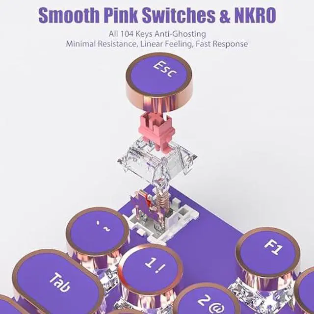 Alt view image 4 of 7 - Typewriter Style Mechanical Gaming Keyboard White LED Backlit 104-Key NKRO Pink Switches Retro Round Keycaps Golden Ring Volume Knob Metal Panel Wired USB-C Detachable Cable, Purple