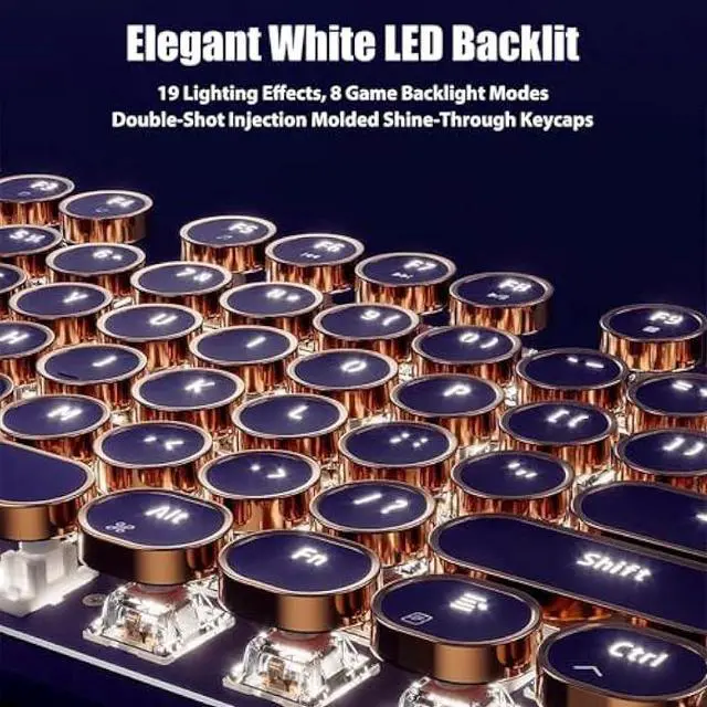 Alt view image 3 of 7 - Typewriter Style Mechanical Gaming Keyboard White LED Backlit 104-Key NKRO Pink Switches Retro Round Keycaps Golden Ring Volume Knob Metal Panel Wired USB-C Detachable Cable, Purple