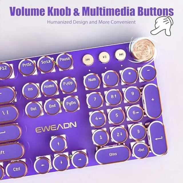Alt view image 5 of 7 - Typewriter Style Mechanical Gaming Keyboard White LED Backlit 104-Key NKRO Pink Switches Retro Round Keycaps Golden Ring Volume Knob Metal Panel Wired USB-C Detachable Cable, Purple