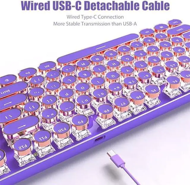 Alt view image 6 of 7 - Typewriter Style Mechanical Gaming Keyboard White LED Backlit 104-Key NKRO Pink Switches Retro Round Keycaps Golden Ring Volume Knob Metal Panel Wired USB-C Detachable Cable, Purple
