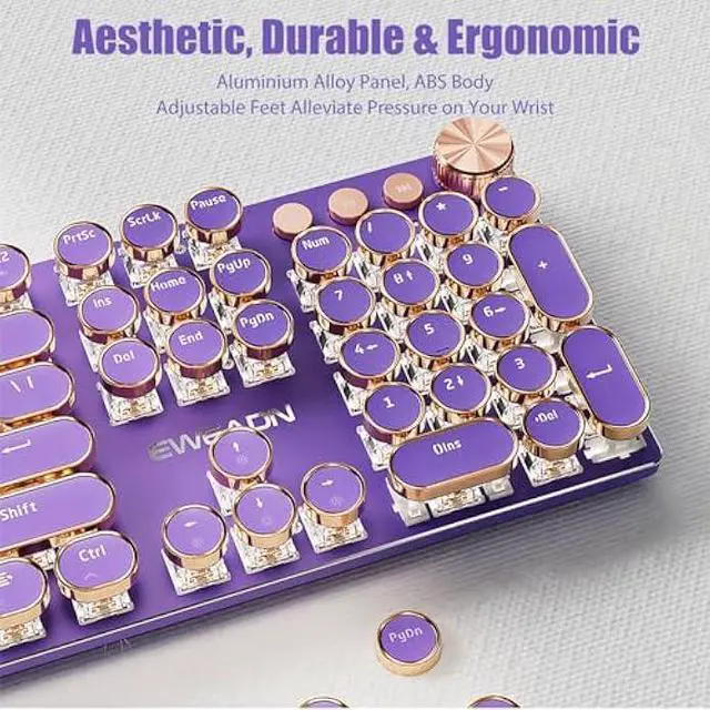 Alt view image 7 of 7 - Typewriter Style Mechanical Gaming Keyboard White LED Backlit 104-Key NKRO Pink Switches Retro Round Keycaps Golden Ring Volume Knob Metal Panel Wired USB-C Detachable Cable, Purple