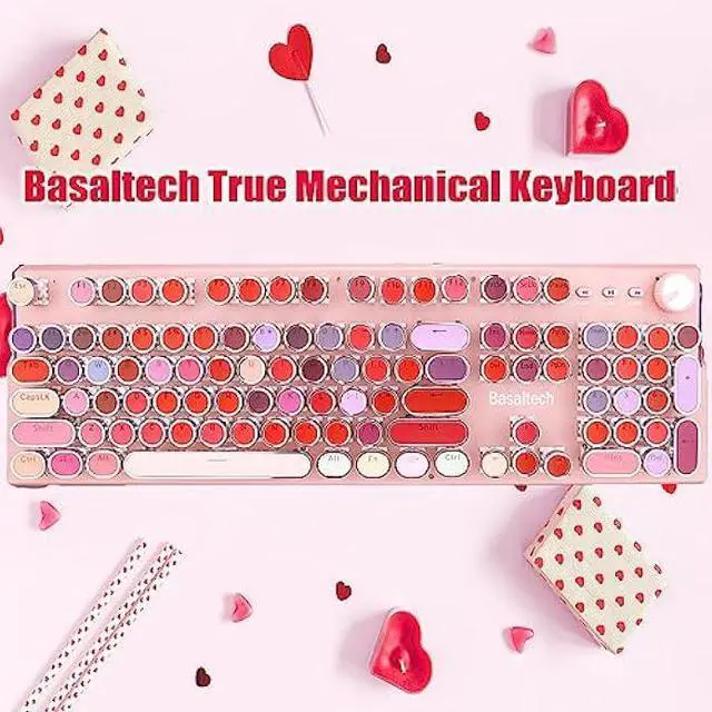 Alt view image 2 of 5 - Lipstick Mechanical Gaming Keyboard, Round Keys Vintage Mechanical Keyboard with White LED Backlit, Blue Switch 104-Keys Wired USB Metal Panel Typewriter Keyboard