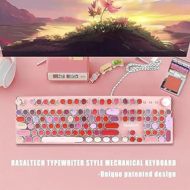 Alt view image 3 of 5 - Lipstick Mechanical Gaming Keyboard, Round Keys Vintage Mechanical Keyboard with White LED Backlit, Blue Switch 104-Keys Wired USB Metal Panel Typewriter Keyboard