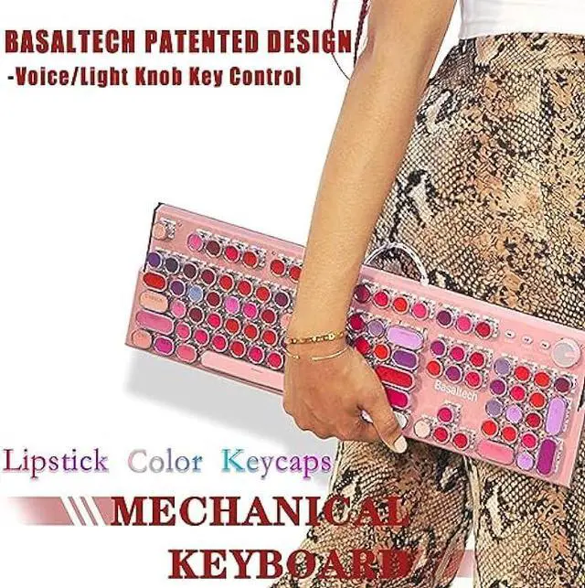 Alt view image 5 of 5 - Lipstick Mechanical Gaming Keyboard, Round Keys Vintage Mechanical Keyboard with White LED Backlit, Blue Switch 104-Keys Wired USB Metal Panel Typewriter Keyboard