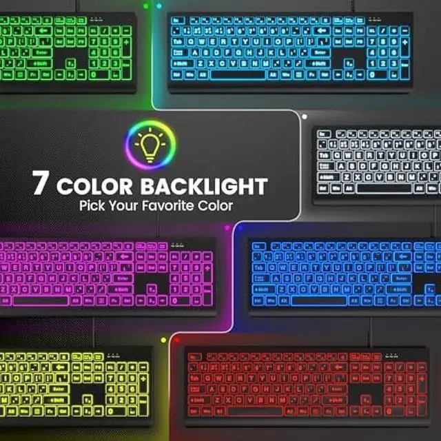 Alt view image 2 of 5 - SABLUTE Large Print Backlit Keyboard, Wired USB Lighted Computer Keyboards with 7-Color & 4 Modes Backlit, Oversize Letters Keys Easy to See and Type, Quiet Keyboard Compatible for PC, Laptop