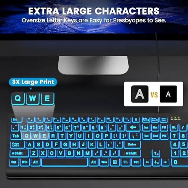 Alt view image 3 of 5 - SABLUTE Large Print Backlit Keyboard, Wired USB Lighted Computer Keyboards with 7-Color & 4 Modes Backlit, Oversize Letters Keys Easy to See and Type, Quiet Keyboard Compatible for PC, Laptop