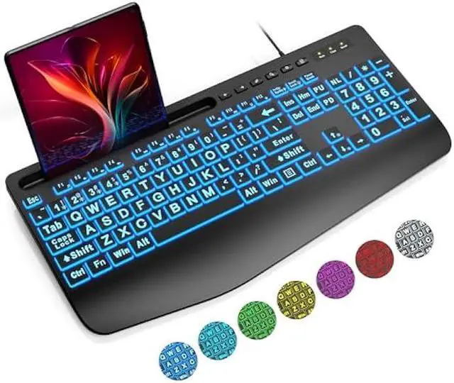 Main image of SABLUTE Wired Backlit Large Print Computer Keyboards, Lighted USB Keyboards with 7-Color Backlit, Wrist Rest, Phone Holder, Easy to Read and Type for Laptop, PC, Windows, Desktop