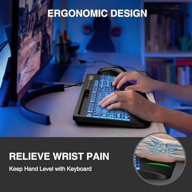 Alt view image 3 of 5 - SABLUTE Wired Backlit Large Print Computer Keyboards, Lighted USB Keyboards with 7-Color Backlit, Wrist Rest, Phone Holder, Easy to Read and Type for Laptop, PC, Windows, Desktop