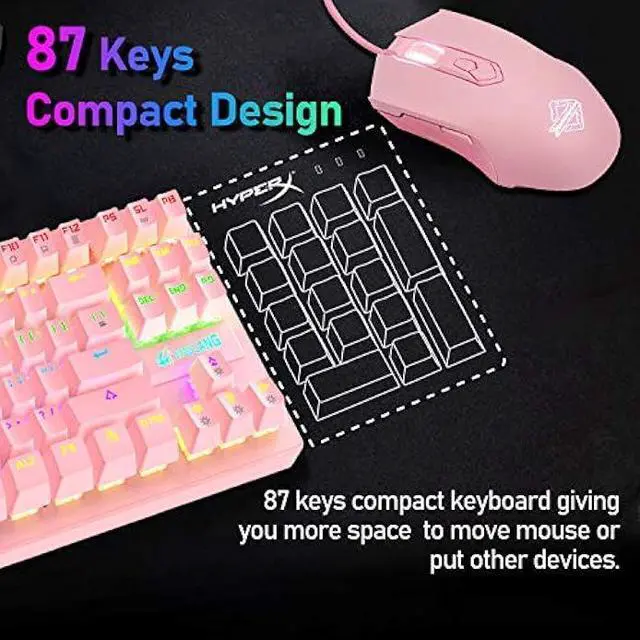 Alt view image 4 of 7 - LexonElec Mechanical Gaming Keyboard Blue Switch Mini 82 Keys Wired Rainbow LED Backlit Keyboard,Lightweight Gaming Mouse 6400DPI Honeycomb Optical,Gaming Mouse Pad for Gamers and Typists(Pink)