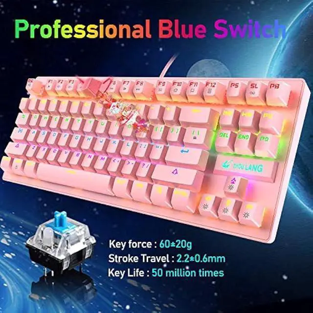 Alt view image 5 of 7 - LexonElec Mechanical Gaming Keyboard Blue Switch Mini 82 Keys Wired Rainbow LED Backlit Keyboard,Lightweight Gaming Mouse 6400DPI Honeycomb Optical,Gaming Mouse Pad for Gamers and Typists(Pink)