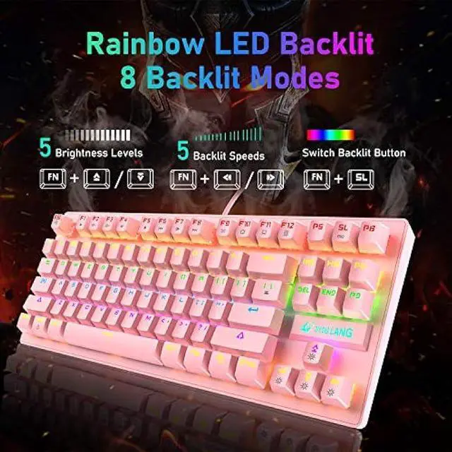 Alt view image 3 of 7 - LexonElec Mechanical Gaming Keyboard Blue Switch Mini 82 Keys Wired Rainbow LED Backlit Keyboard,Lightweight Gaming Mouse 6400DPI Honeycomb Optical,Gaming Mouse Pad for Gamers and Typists(Pink)