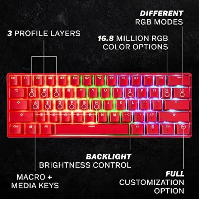 Alt view image 2 of 6 - HK Gaming GK61 Mechanical Gaming Keyboard 60 Percent | 61 RGB Rainbow LED Backlit Programmable Keys | USB Wired | for Mac and Windows PC | Hotswap Gateron Optical Blue Switches | Red