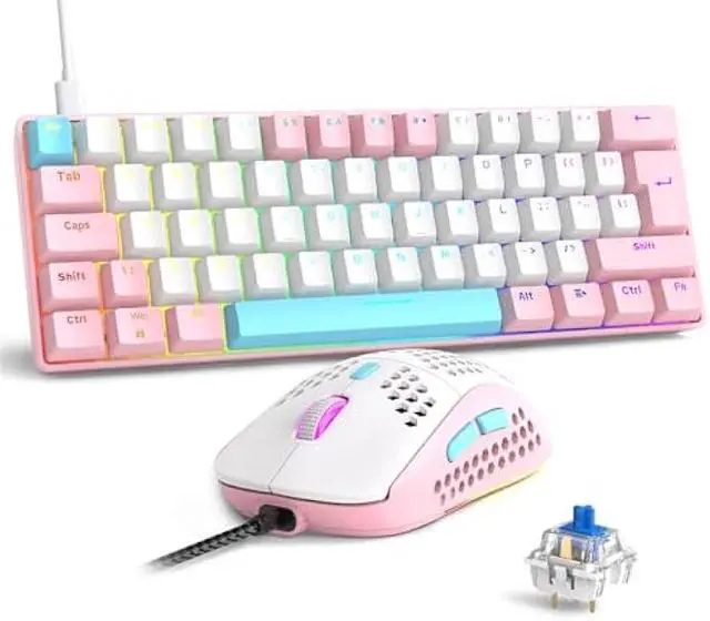 Main image of RK-T60 Wired Mechanical Gaming Keyboard and Mouse Combo Portable with Rainbow Backlit 62Key NKRO 6400DPI RGB Honeycomb Mice for PS4/PC/WIN Gamer(Pink/Blue Switch)