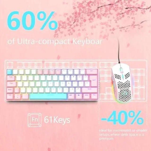 Alt view image 2 of 5 - RK-T60 Wired Mechanical Gaming Keyboard and Mouse Combo Portable with Rainbow Backlit 62Key NKRO 6400DPI RGB Honeycomb Mice for PS4/PC/WIN Gamer(Pink/Blue Switch)