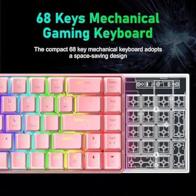 Alt view image 3 of 6 - LexonElec 60% Mechanical Gaming Keyboard and Mouse Combo with Mouse Bungee Mouse Pad,Mini 68 Keys Wired Type C 18 Backlit Effects,Lightweight RGB 6400DPI Honeycomb Mice(Pink/Blue Switch)
