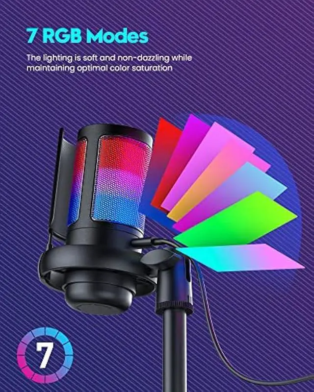 Alt view image 4 of 6 - Gaming Microphone, USB PC Mic for Podcasts Videos, Streaming, Condenser Mic with Quick Mute, Tripod Stand, Pop Filter, RGB Indicator, Shock Mount, Rotate gain button, Compatible with PS4/5/PC