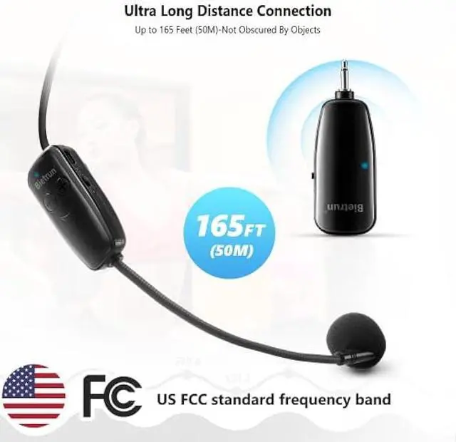 Alt view image 3 of 5 - Bietrun Wireless Microphone Headset, UHF Wireless Headset Mic System, 160ft Range,1/8'' and 1/4'' Plug, for Speakers, Voice Amplifier, PA System(Not Supported AUX/iOS)