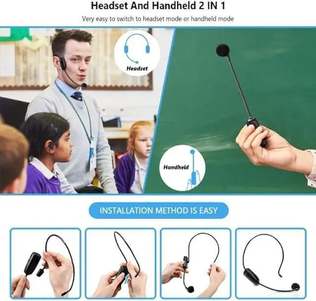 Alt view image 5 of 5 - Bietrun Wireless Microphone Headset, UHF Wireless Headset Mic System, 160ft Range,1/8'' and 1/4'' Plug, for Speakers, Voice Amplifier, PA System(Not Supported AUX/iOS)