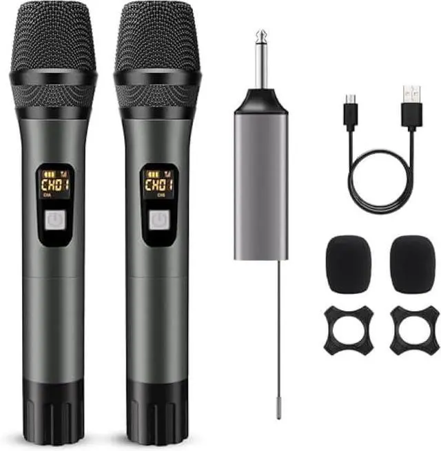 Main image of Wireless Microphone, Handheld UHF Dual Metal Cordless Dynamic Mic System with Rechargeable Receiver,200ft Range,for Karaoke, Speech, Party, Wedding, Church,Singing Machine-Auto Connect