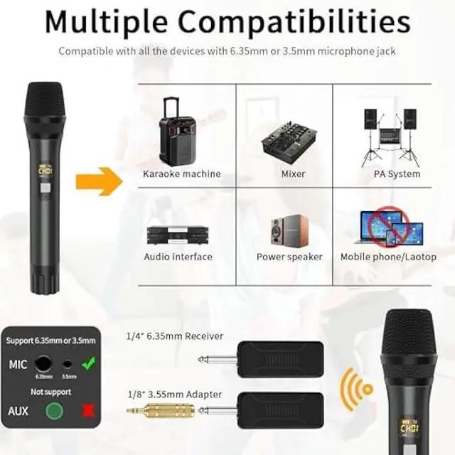 Alt view image 5 of 5 - Wireless Microphone, Handheld UHF Dual Metal Cordless Dynamic Mic System with Rechargeable Receiver,200ft Range,for Karaoke, Speech, Party, Wedding, Church,Singing Machine-Auto Connect
