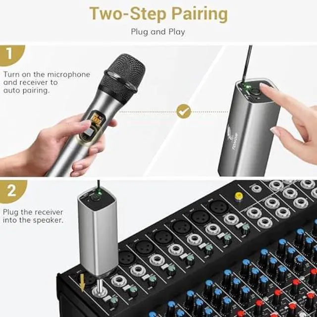 Alt view image 4 of 5 - TONOR Wireless Microphones, UHF Dual Cordless Metal Dynamic Mic System with Rechargeable Receiver, for Karaoke Singing, Wedding, DJ, Party, Speech, Church, Class Use, 200ft TW630 Silver