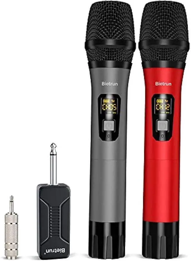 Main image of Bietrun Wireless Microphone, Professional UHF Metal Dual Handheld Cordless Dynamic Mic System Set with Rechargeable Receiver, 1/4Output, Plug and Play, Instrument-Wireless-Mics for Karaoke, Wedding