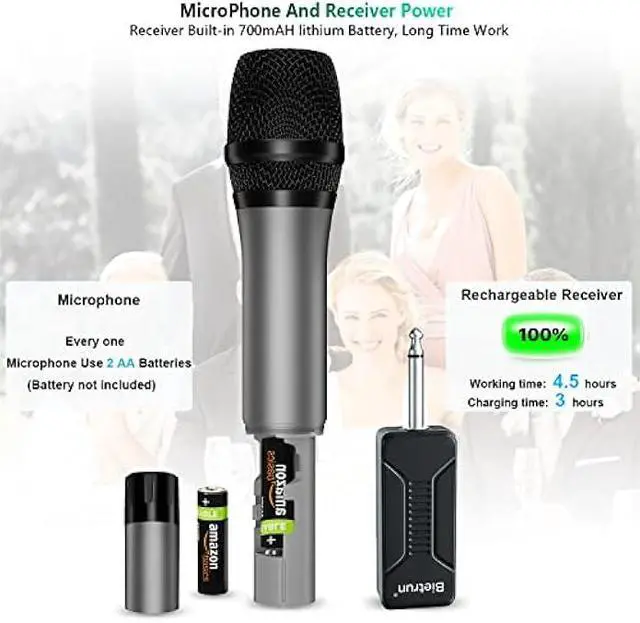 Alt view image 3 of 5 - Bietrun Wireless Microphone, Professional UHF Metal Dual Handheld Cordless Dynamic Mic System Set with Rechargeable Receiver, 1/4Output, Plug and Play, Instrument-Wireless-Mics for Karaoke, Wedding