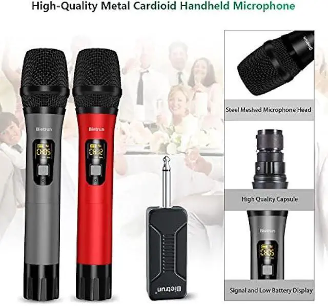 Alt view image 4 of 5 - Bietrun Wireless Microphone, Professional UHF Metal Dual Handheld Cordless Dynamic Mic System Set with Rechargeable Receiver, 1/4Output, Plug and Play, Instrument-Wireless-Mics for Karaoke, Wedding