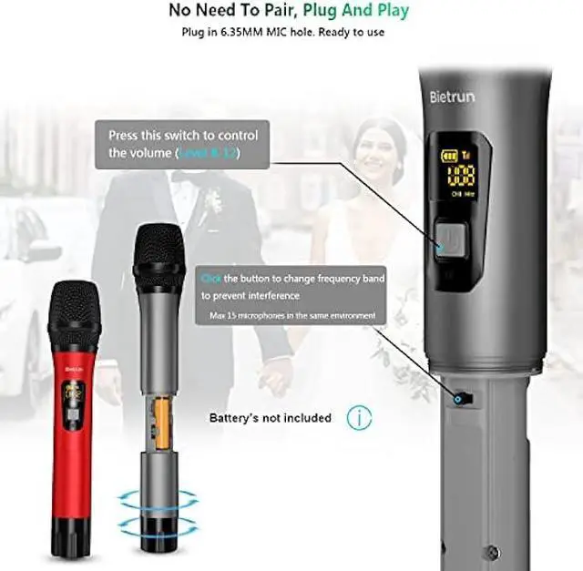 Alt view image 5 of 5 - Bietrun Wireless Microphone, Professional UHF Metal Dual Handheld Cordless Dynamic Mic System Set with Rechargeable Receiver, 1/4Output, Plug and Play, Instrument-Wireless-Mics for Karaoke, Wedding