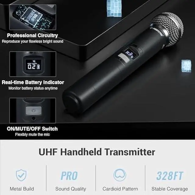 Alt view image 4 of 5 - Phenyx Pro Wireless Microphone System, Dual Mic Set with Handheld/Bodypack/Lapel Mics,Auto Scan, 2x100 UHF Frequencies,328ft Range,Cordless Microphone for Singing, Karaoke, Church(PTU-71-1H1B)