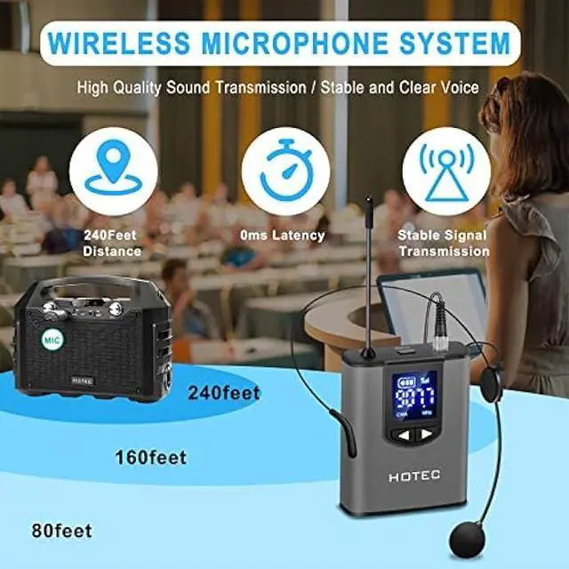 Alt view image 2 of 5 - HOTEC UHF Wireless Headset Microphone/Lavalier Lapel Mic with Bodypack Transmitter and Mini Rechargeable Receiver 1/4 Output for Vlogging or Speech
