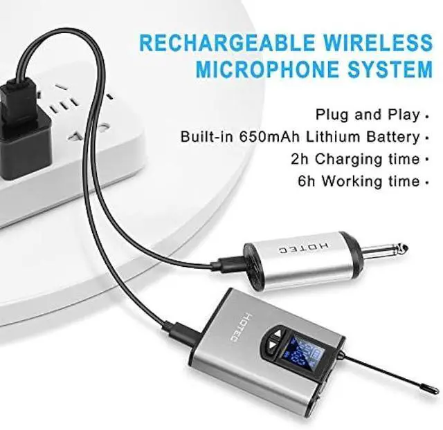 Alt view image 4 of 5 - HOTEC UHF Wireless Headset Microphone/Lavalier Lapel Mic with Bodypack Transmitter and Mini Rechargeable Receiver 1/4 Output for Vlogging or Speech