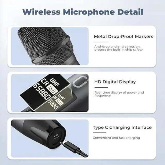 Alt view image 4 of 5 - Wireless Microphones, Professional UHF Dual Microphones for Karaoke, Wireless Dynamic Microphone System Set with Rechargeable Receiver,Plug and Play, Speech, Wedding, Church, PA System