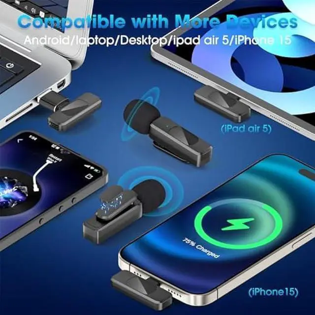 Alt view image 5 of 6 - USB C Wireless Lavalier Microphone for Type-C,Android Phone,PC,Mini Mic with Noise Reduction,Lapel Microphone for Video,Interviews,Live Streaming,TikTok,YouTube,2Pack (for iPhone 15 and Above)