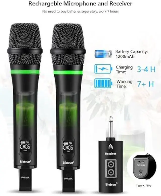Alt view image 3 of 5 - Bietrun Rechargeable Wireless Microphone, Dual Metal Cordless Handheld Dynamic Wireless Mics with 1/4'' Output for Karaoke, Meeting, Singing, Church, Wedding(UHF 240ft Range)(Receiver with Bluetooth)
