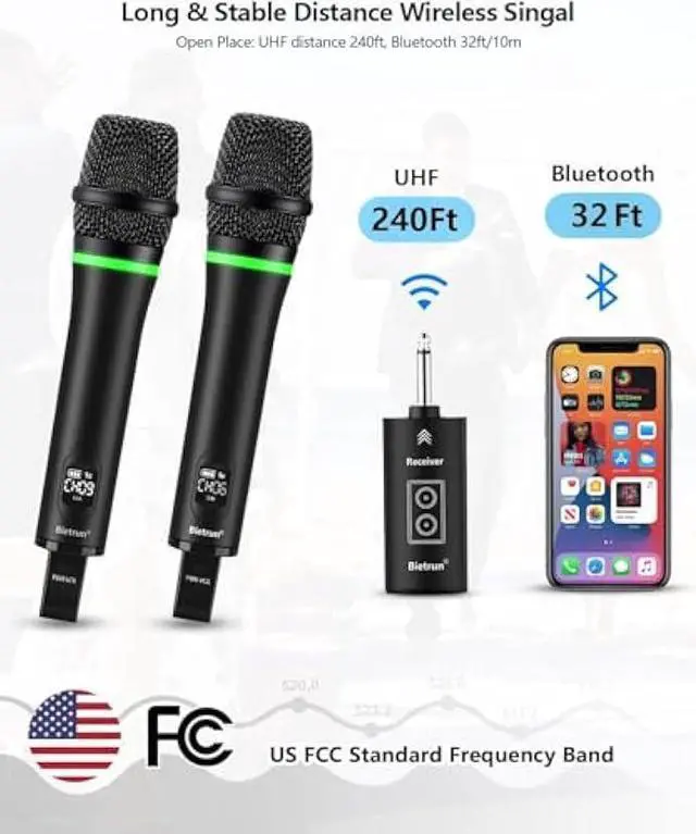 Alt view image 2 of 5 - Bietrun Rechargeable Wireless Microphone, Dual Metal Cordless Handheld Dynamic Wireless Mics with 1/4'' Output for Karaoke, Meeting, Singing, Church, Wedding(UHF 240ft Range)(Receiver with Bluetooth)