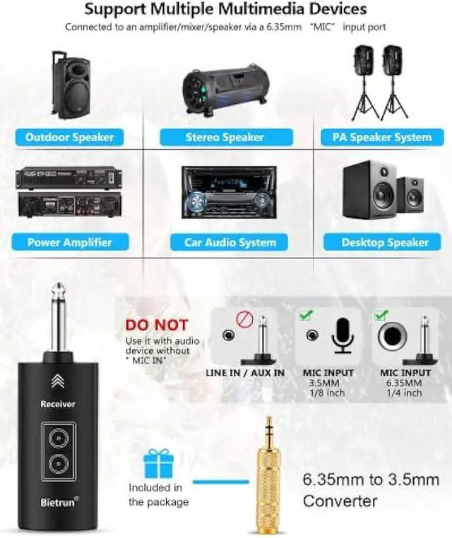 Alt view image 4 of 5 - Bietrun Rechargeable Wireless Microphone, Dual Metal Cordless Handheld Dynamic Wireless Mics with 1/4'' Output for Karaoke, Meeting, Singing, Church, Wedding(UHF 240ft Range)(Receiver with Bluetooth)